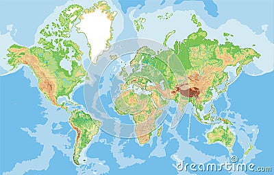 Highly detailed physical map of the World. Vector Illustration