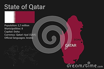 Highly detailed Qatar map with flag, capital and small map of the world Vector Illustration