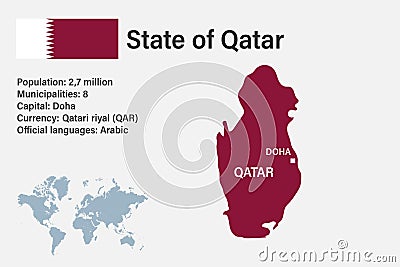 Highly detailed Qatar map with flag, capital and small map of the world Vector Illustration