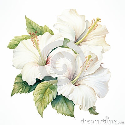 White Hibiscus Flower Painting On White Background - Realistic Victorian-inspired Illustration Cartoon Illustration