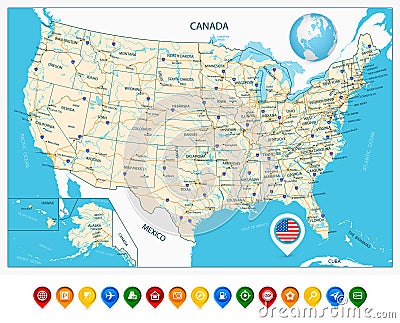 Highly detailed road map of United States and colorful map point Vector Illustration