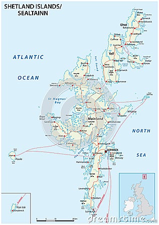 Highly detailed Shetland Islands road map with labeling, United Kingdom Vector Illustration