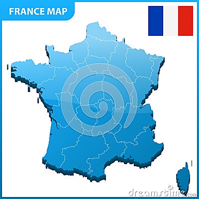 Highly detailed three dimensional map of France. Administrative division. Vector Illustration