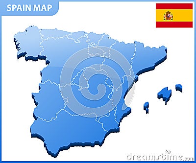 Highly detailed three dimensional map of Spain. Administrative division. Vector Illustration