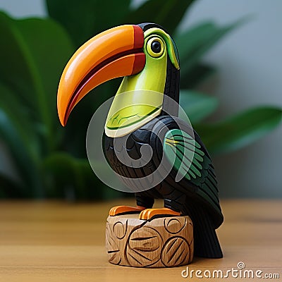 Highly Detailed Toucan Figurine On Wooden Plywood - Unique And Artistic Design Cartoon Illustration