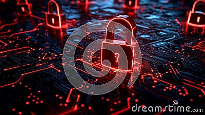 A highly intricate quantum circuit board with data lock icons, representing the sophisticated technology and engineering Stock Photo