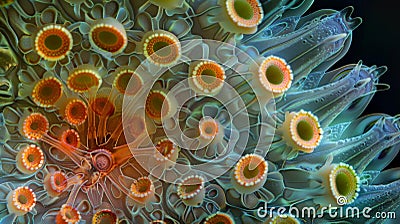 A highly magnified image of a single pollen grain with intricate surface patterns and structures visible. . Stock Photo