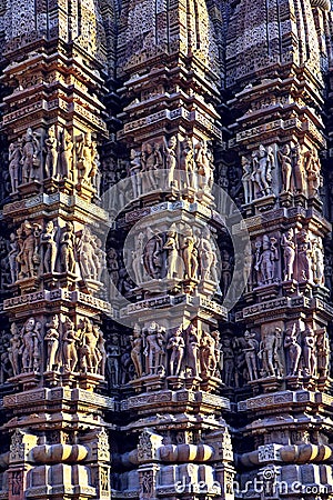 Highly ornate carved wall of Kandariya Mahadeva Temple Editorial Stock Photo