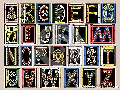 Highly Ornate Gold Illuminated Medieval Vector Font Alphabet Kit Cartoon Illustration