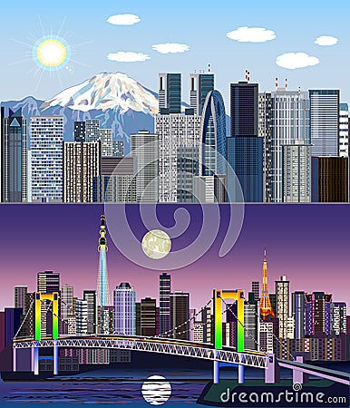 Tokyo, Japan, Asia - Day to Night Vector Kit Cartoon Illustration