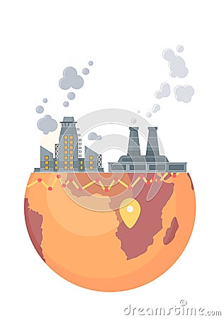Highly polluting factory plant with smoking towers and pipes standing on the brown globe Vector Illustration