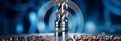 Highly sharpened cnc drill bit in focus amid blurred machine operations for precise drilling Stock Photo