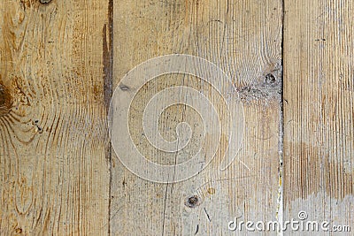 Highly textured unvarnished wood planks with prominent knots, stains, and caulk. Stock Photo