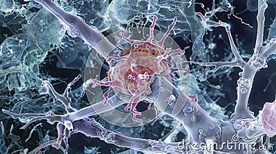 Highresolution electron microscope image of a microglia cell attached to a neural synapse performing its phagocytic role Stock Photo