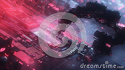 A highresolution image of a robotic arm meticulously assembling components surrounded by a haze of automation labels and Stock Photo