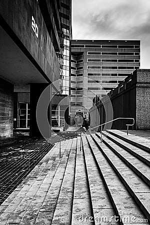 Highrises and stairs at Hopkins Plaza in downtown Baltimore, Mar Stock Photo