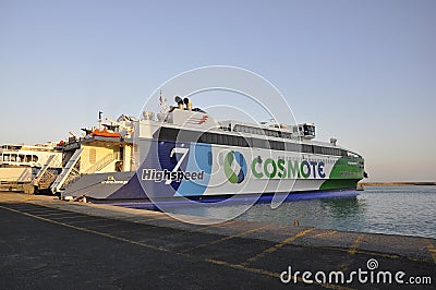Heraklion, august 29th: Highspeed Ferryboat docking in the Harbor of Heraklion in Crete island of Greece Editorial Stock Photo