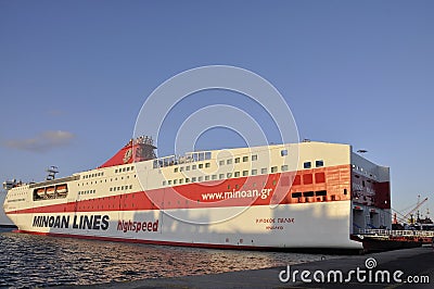 Heraklion, september 5th: Highspeed Ferryboat docking in the Harbor of Heraklion in Crete island of Greece Editorial Stock Photo