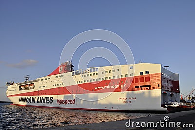 Heraklion, september 5th: Highspeed Ferryboat docking in the Harbor of Heraklion in Crete island of Greece Editorial Stock Photo