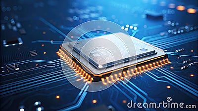 HighTech CPU Microchip on Circuit Board Closeup 3D Render of Advanced Technology Stock Photo