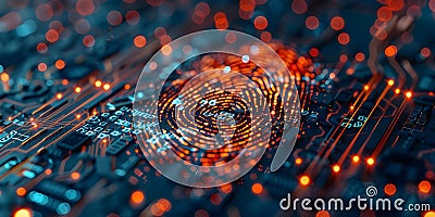 A hightech cybersecurity system encrypts data with fingerprint technology. Concept Cybersecurity, Stock Photo