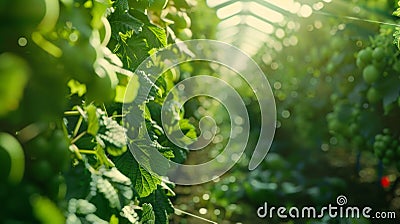 A hightech greenhouse containing rows of gvines with IoT sensors monitoring and adjusting the environment for optimal Stock Photo