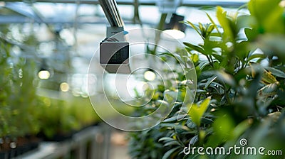 A hightech sensor system installed throughout an automated greenhouse tracking humidity levels and adjusting ventilation Stock Photo