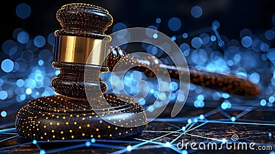 Hightech virtual gavel symbolizes enforcing cybersecurity laws in abstract tech space. Concept Tech Stock Photo