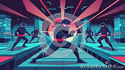 In a hightech virtual setting ninja warriors must use their precision and speed to make their way through a course of Vector Illustration