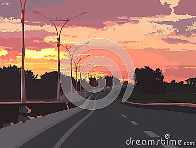 Highway on a background of pink sunset Vector Illustration