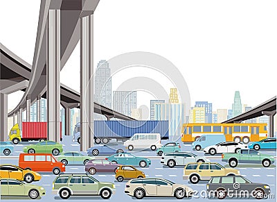 Highway in a big city with trucks and passenger cars, illustration Vector Illustration
