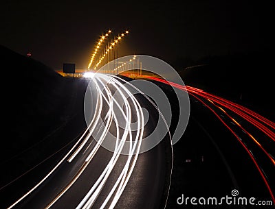 Highway with car lights trails Stock Photo