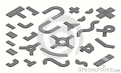 Highway city street isometric elements, road traffic. Track car, circle journey route, cross line path, direction way Vector Illustration