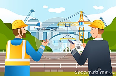 Highway construction site check by field supervisor and manager vector illustration [Converted Vector Illustration
