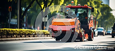 Highway construction workers laying asphalt gravel on road with copy space for text placement. Stock Photo