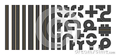 Highway constructor. Top view of city road segments with marking, crossroad junctions intersections and circles, aerial Vector Illustration