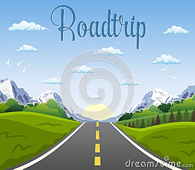 Highway drive with beautiful landscape. Vector Illustration