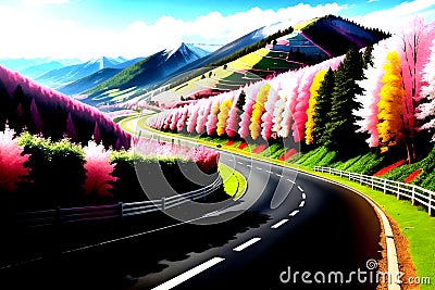 Highway with extra ordinary beauty of flower trees in hilly area. Stock Photo