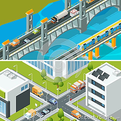 Highway intersection traffic. Urban landscape isometric with various vehicle cars buses busy city vector 3d illustration Vector Illustration