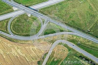 Highway intersections road between fields. aerial top view Stock Photo