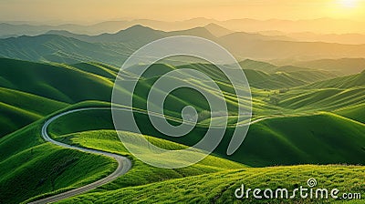 Highway landscape at colorful sunset in summer. Mountain road landscape at dusk Stock Photo