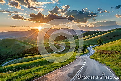 Highway landscape at colorful sunset in summer. Mountain road landscape at dusk Stock Photo