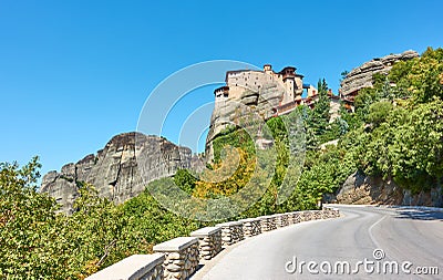 Highway leading to The Monastery of Rousanou in Meteora Stock Photo