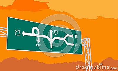 Highway or motorway green signage in surise, sunset time Vector Illustration