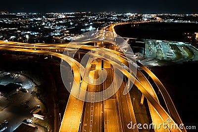 Highway. Night highway. American road or freeway for transportation or traveling. Highway for cars and trucks without of heavy tra Stock Photo