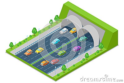 Highway road passes through tunnel in mountain, vector isometric 3D illustration. Transport, road construction concept Vector Illustration