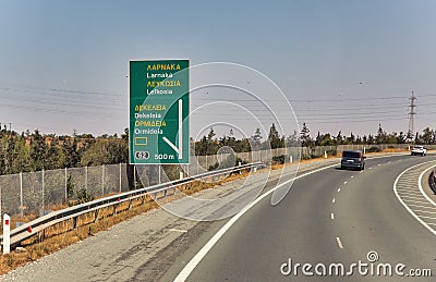 Highway road sign for the Larnaka city, Cyprus Editorial Stock Photo