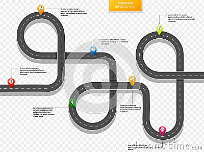 Highway roadmap with pins. Vector Illustration