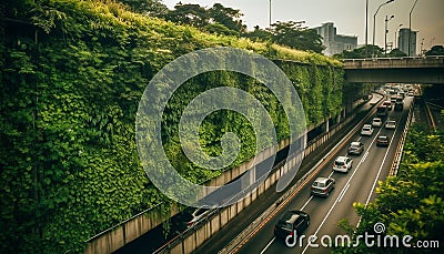 Highway rush hour, blurred motion, modern city skyline, green growth generated by AI Stock Photo