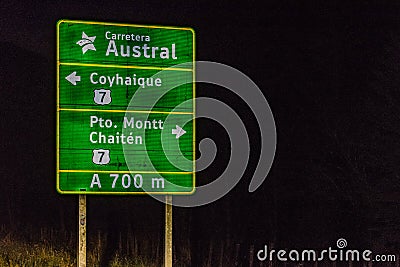 Highway Signpost, Patagonia, Chile Editorial Stock Photo